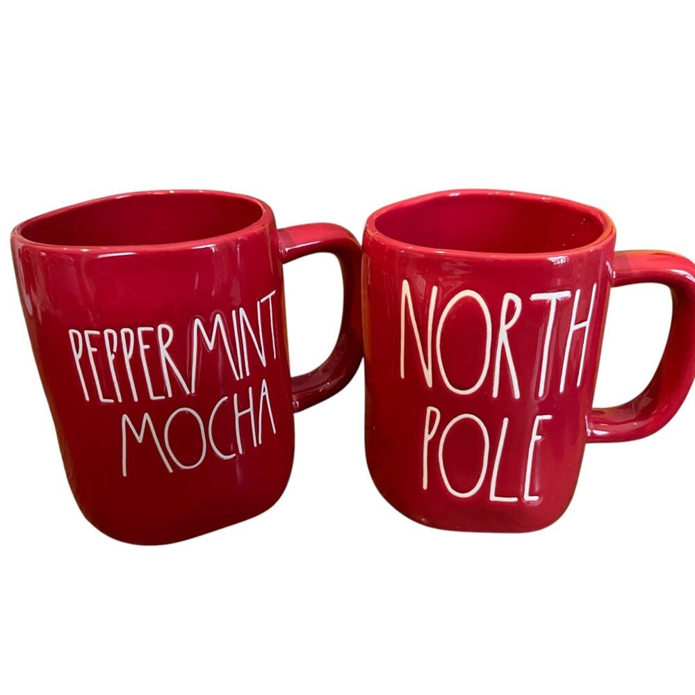 Rae Dunn By Magenta Set of 2 Christmas Red 24 oz Mugs North Pole Peppermint